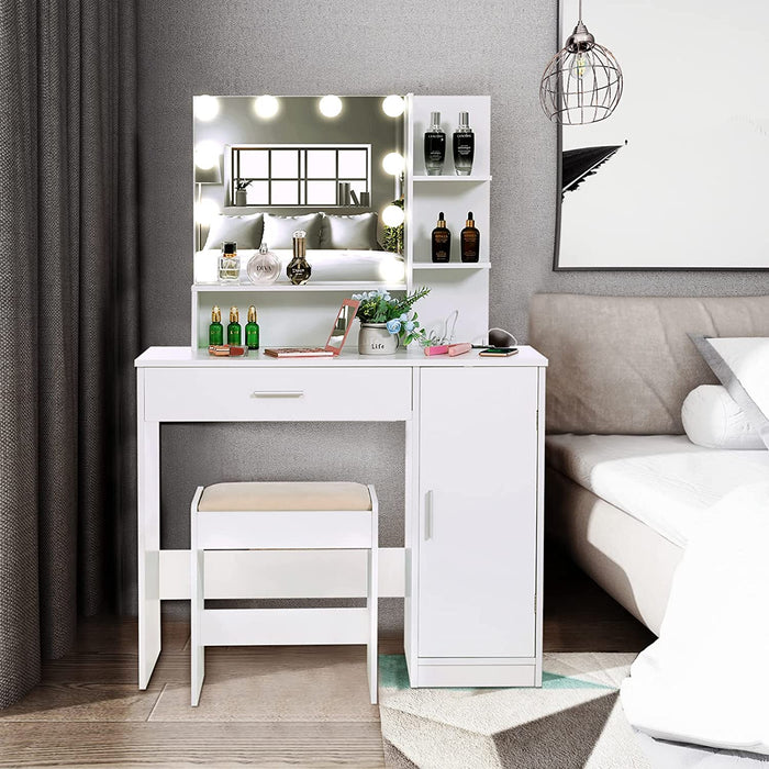 White Vanity Table Set with Lighted Mirror