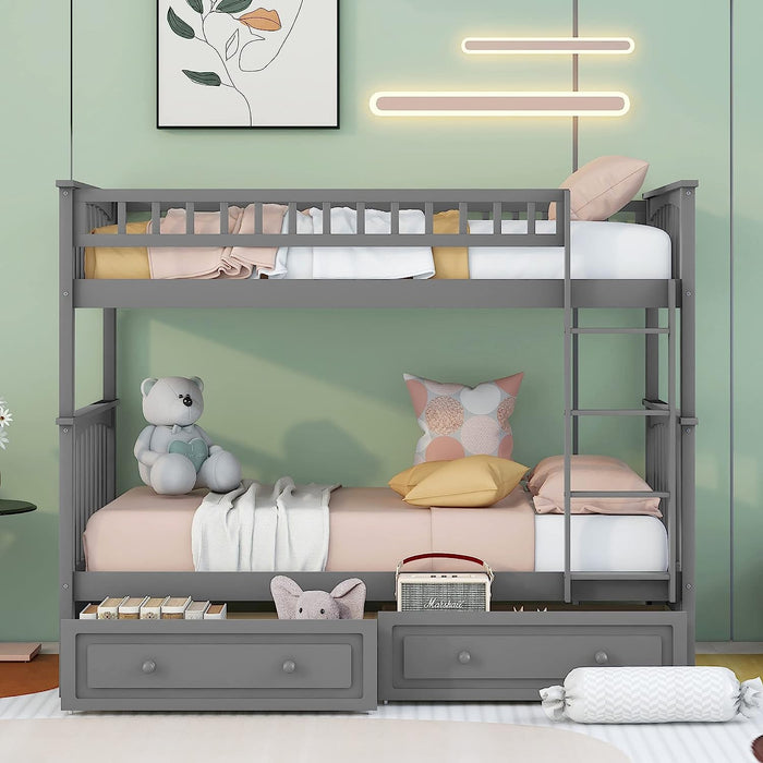 Grey Twin Bunk Bed with Storage, Drawers, and Safety Rail