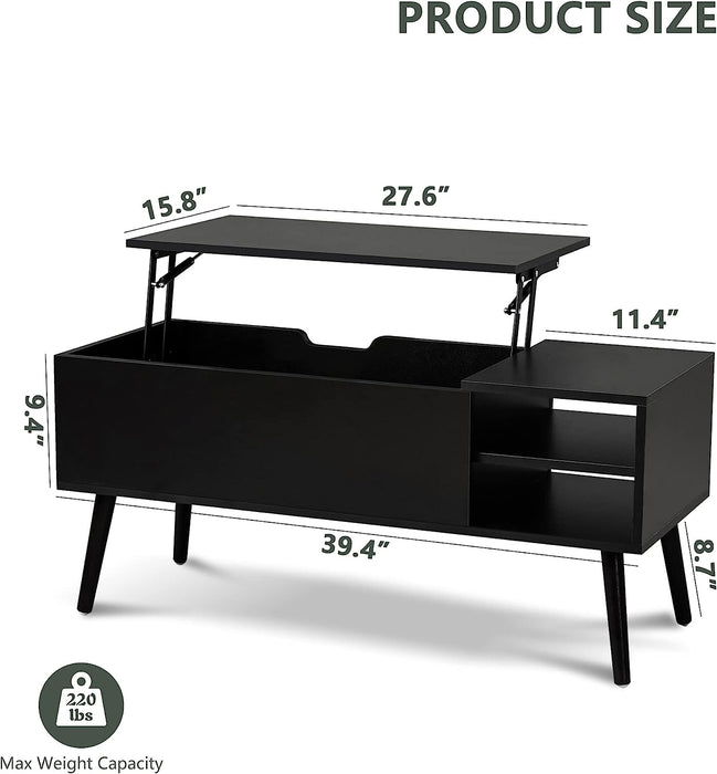 Modern Black Lift Top Coffee Table, Wood Legs