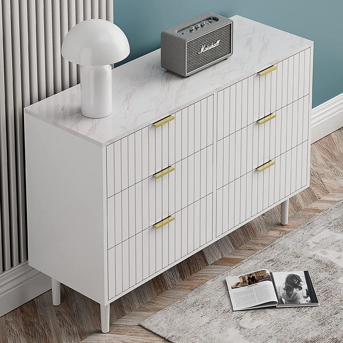 White 6 Drawer Double Dresser, Imitation Marble Texture