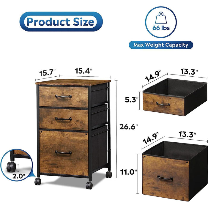 Rolling File Cabinet with 3 Drawers, Rustic Brown
