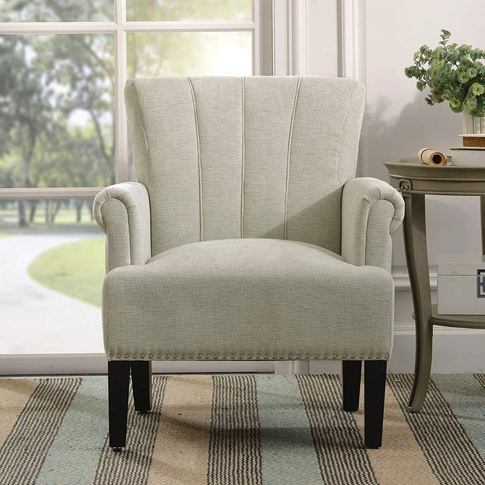 Comfortable Cream Armchair with Wooden Legs and High Back