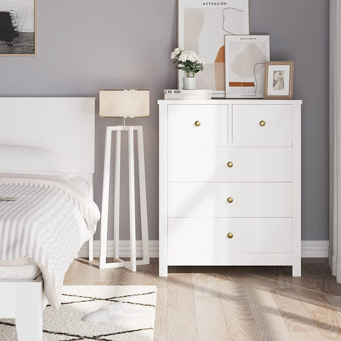 White Wood Nightstand with 5 Drawers