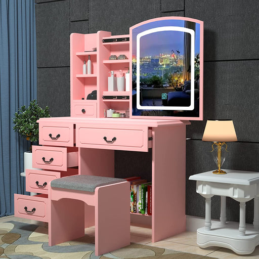 Sliding Lighted Mirror Pink Vanity Dressing Table