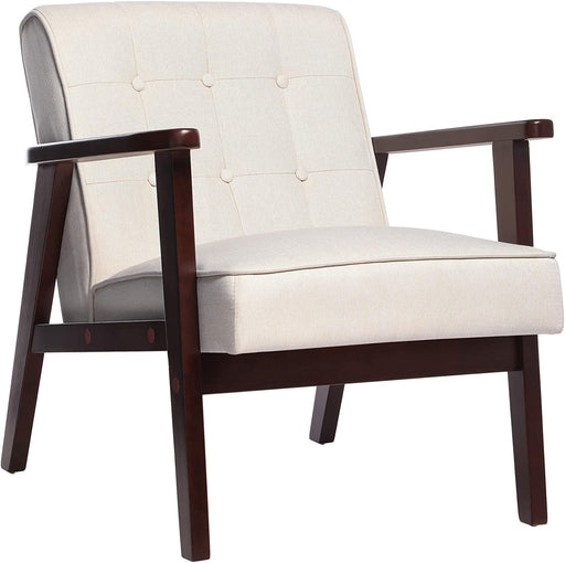 Mid-Century Modern Beige Accent Chair with Wood Details