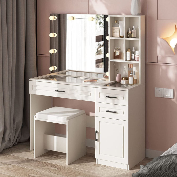 White Vanity Desk with Lighted Mirror