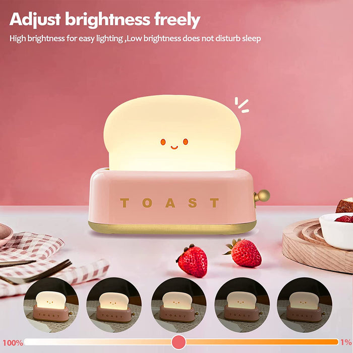 Cute Desk Decor Toaster Lamp, Kawaii LED Toast Bread Night Light Rechargeable and Portable Light with Timer, Christmas Gifts Ideas for Baby Kids Girls Teens Teenages. Pink