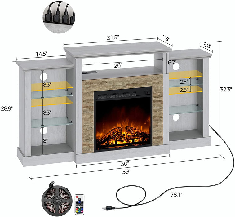 White TV Stand with LED Lights and Power Outlets