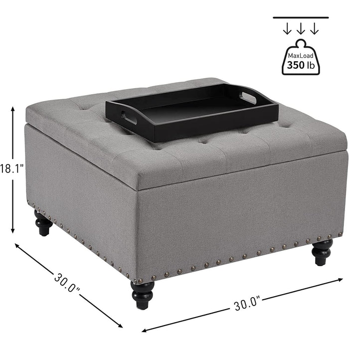 Grey Tufted Ottoman with Storage and Tray