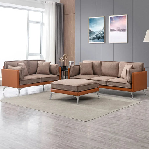 3 Piece Modern Sofa Couch and Loveseat Sets, Stylish Sectional Sofa Couch Set with Romovable Ottoman and 4 Cushion, Upholstered Linen Fabric Sofa Couches for Living Room,Orange
