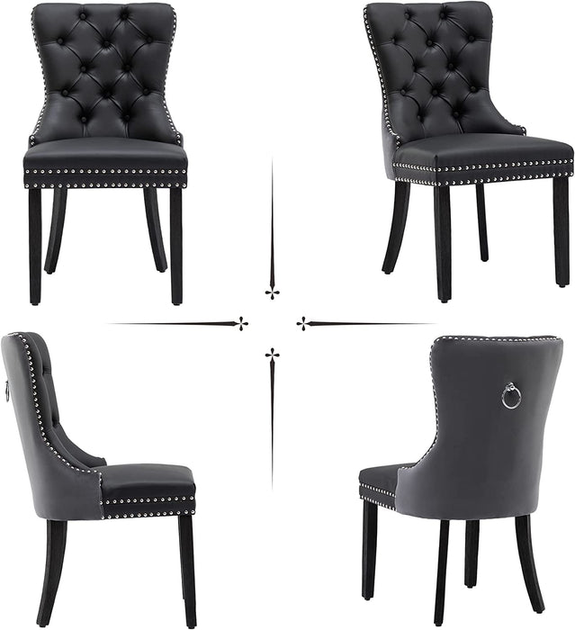 Black and Dark Grey Velvet Dining Chairs Set of 6 with Nailhead Trim and Pull Ring