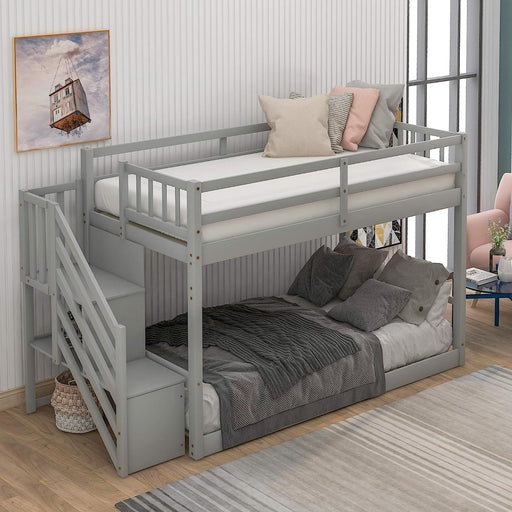 Twin over Twin Junior'S Low Bunk Bed, Storage Stairs, Wood, Grey