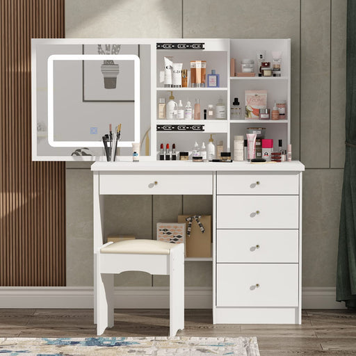 Large White Makeup Vanity with Sliding Mirror