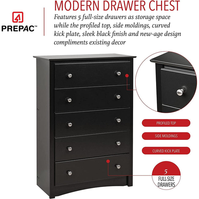 Sonoma 5-Drawer Chest for Bedroom in Black