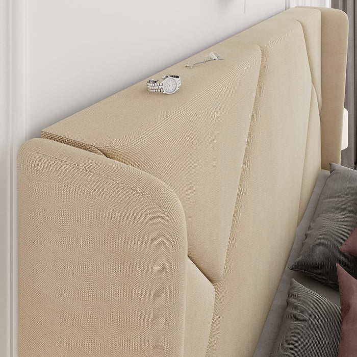 Beige Full Size Upholstered Platform Bed