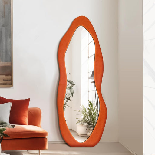 Asymmetrical Body Mirror, Irregular Wavy Mirror Full Length, Flannel Wooden Mirror, Full Body Mirror, for Entry Wall, Bedroom, Living Room (63X24, Orange)