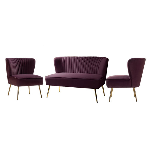 3 Piece Velvet Living Room Set with Loveseat & Chairs, Purple