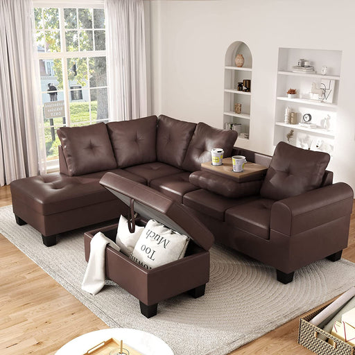 Brown PU Leather Sectional Couch with Storage