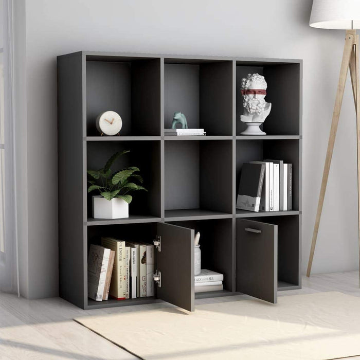 Tall Grey Bookcase with Doors and Shelves