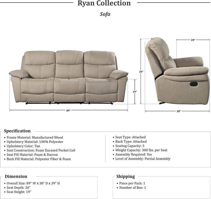 Lexicon Ryan Double Reclining Sofa, Tan