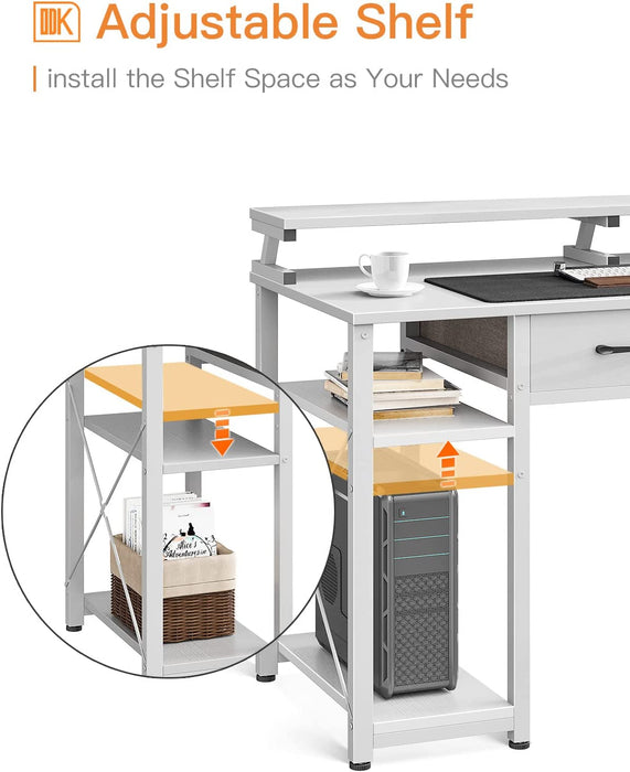 White Computer Desk with Drawers and Shelves