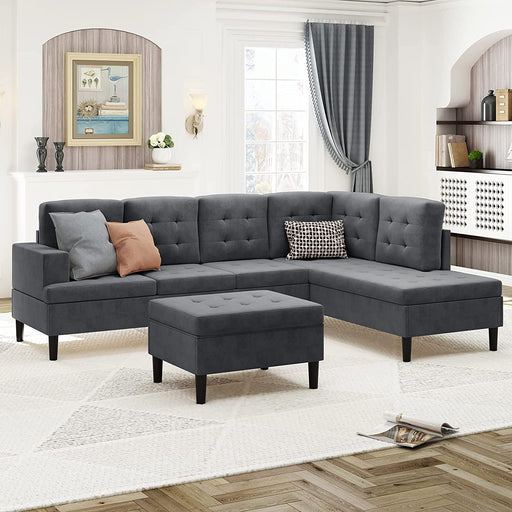 Gray L-Shape Sectional Sofa with Ottoman