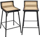 Rattan and Black Metal Counter Stools Set of 2, 24 Inch