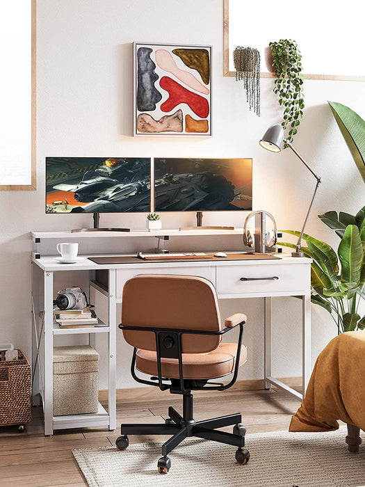 White Computer Desk with Drawers and Shelves