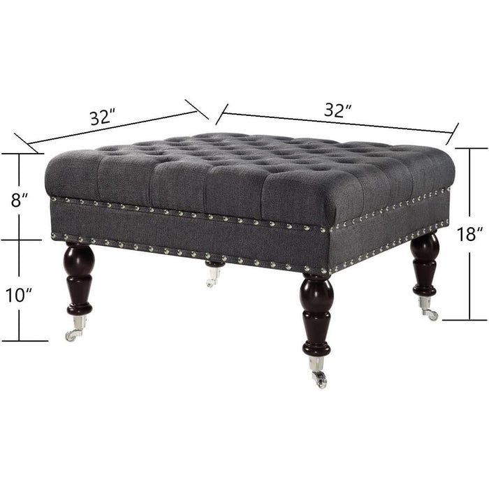 Charcoal Gray Tufted Ottoman with Rolling Wheels