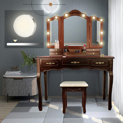 Brown Vanity Set with LED Light Bulbs, 6 Drawers