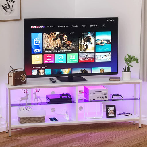 White Corner TV Stand with LED Lights and Power Outlet