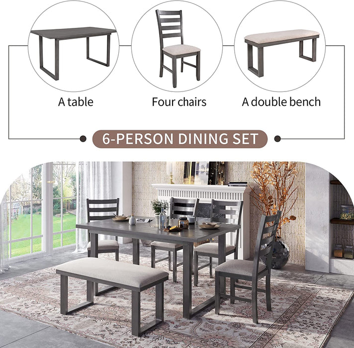 6 Piece Wooden Dining Set for 6 with Cushioned Chairs & Bench