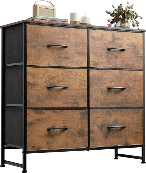 Fabric Double Dresser with 6 Drawers, Rustic Brown