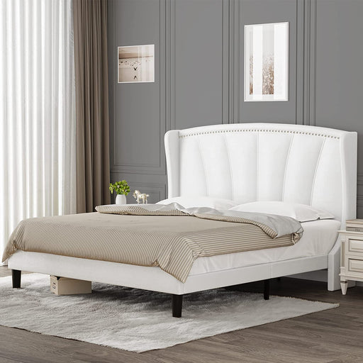 Queen Faux Leather Bed Frame, Modern Wingback