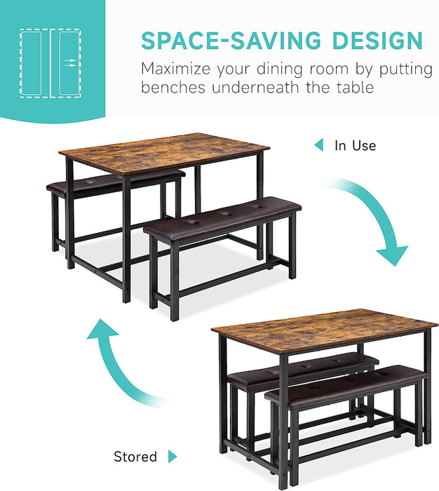 3-Piece Rustic Brown Dining Table Set for 4 with Benches