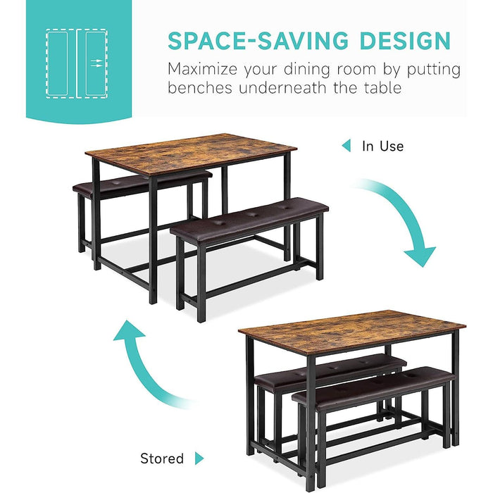 3-Piece Rustic Brown Dining Table Set for 4 with Benches