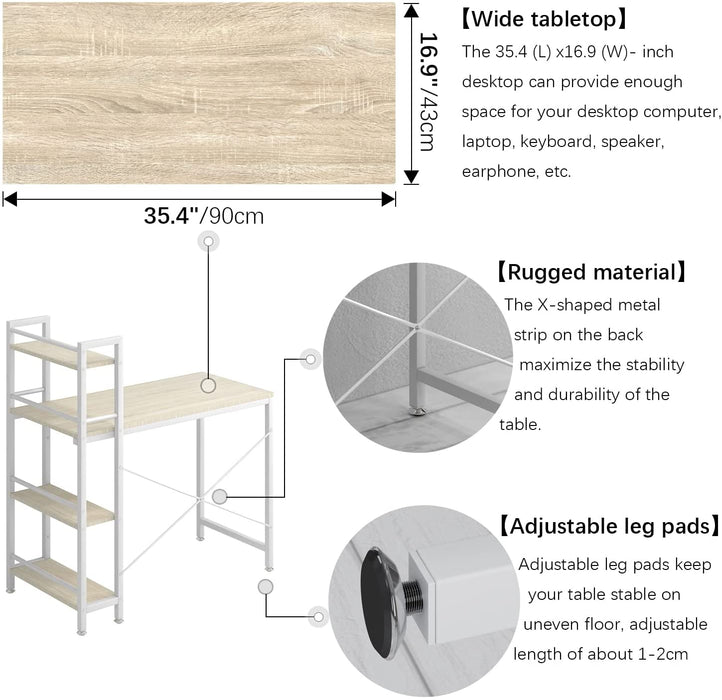 Small 4-Tier Desk with Bookshelf - Natural/White