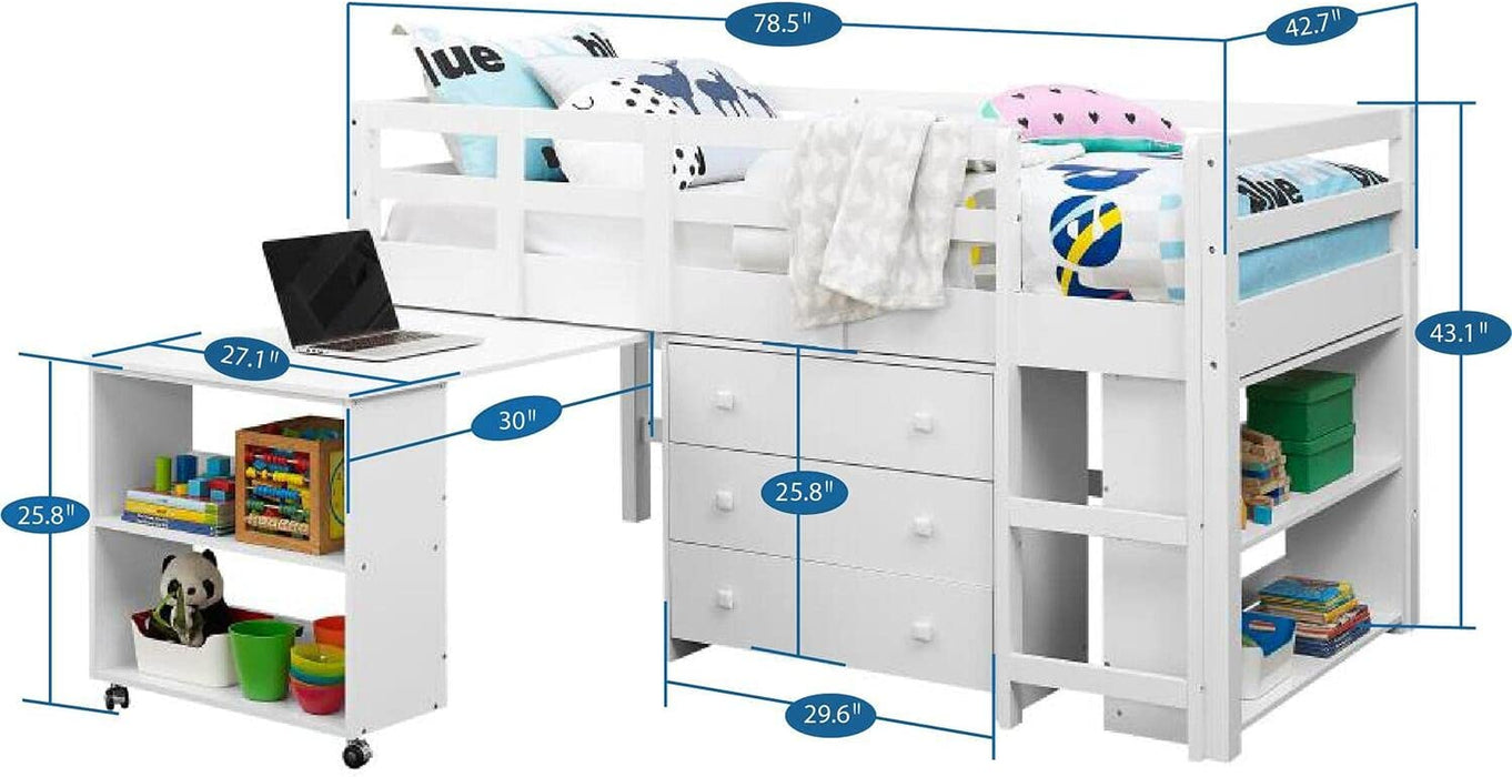 Twin Size Loft Bed with Desk and Storage, White
