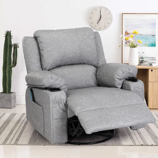 Grey Leather Recliner Chair with Massage Swivel Drink Holders