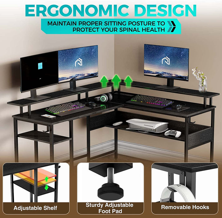 L-Shaped Computer Desk with LED Strip, Black