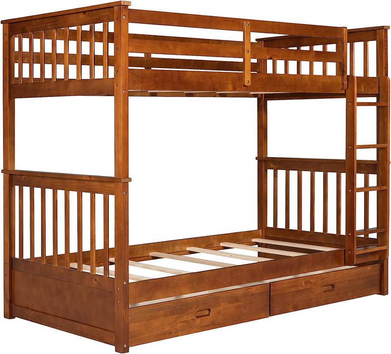 Twin Bunk Bed with Drawers, Solid Wood, Natural Walnut