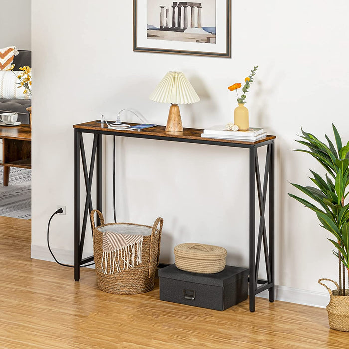 Rustic Brown Sofa Table with Power Outlet
