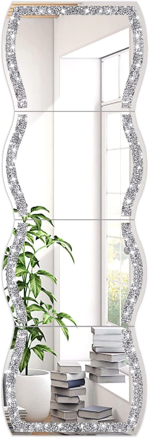 Full Length Wall Mirror,Wave Pattern Irregular Crushed Diamond Body Mirror,Set of 4Pcs Mirror Tiles,11X15 Inch.Dressing Mirror，Make up Mirror，Gym for Decor, Door.