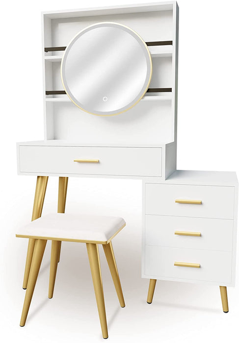 White Vanity Desk with Mirror and Lights, 5 Drawers