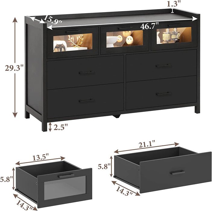 Black Dresser with LED Lights and 7 Drawers