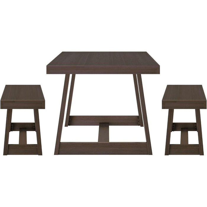Farmhouse Solid Wood Dining Table Set with 2 Benches, Walnut