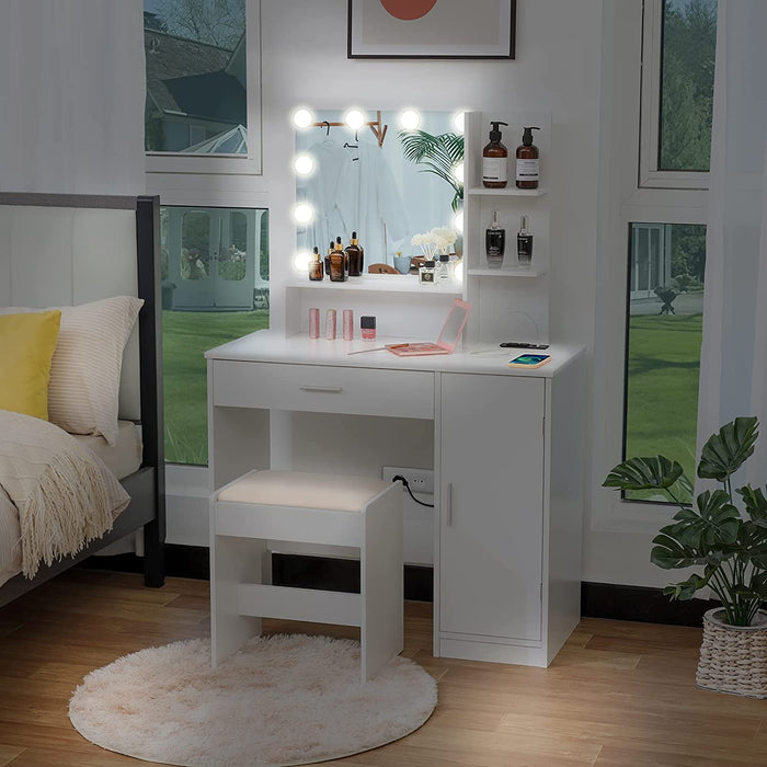 White Vanity Table Set with Lighted Mirror