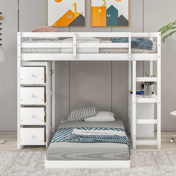 Twin Loft Bed with Desk and Storage Drawers, White