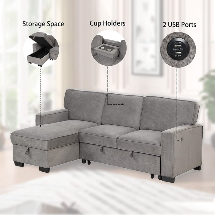 Gray L-Shaped Sleeper Chair with Storage and USB