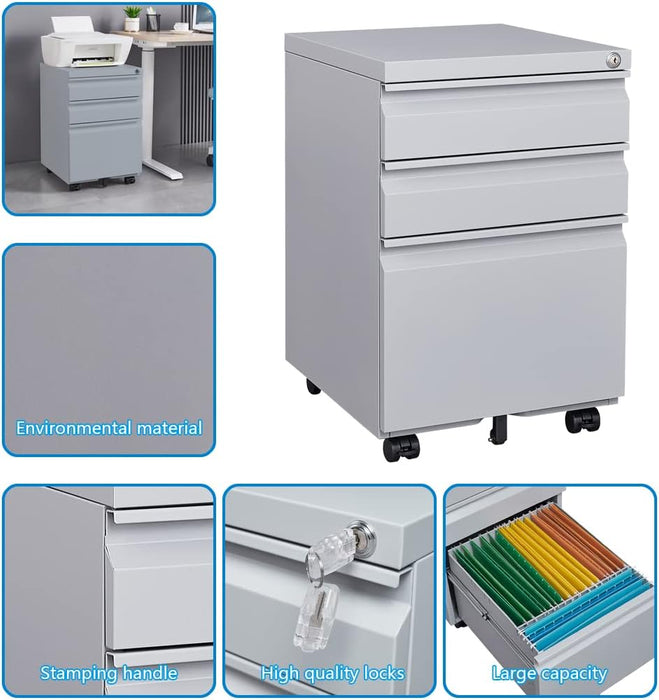 Grey Mobile File Cabinet with Lock, 3 Drawers